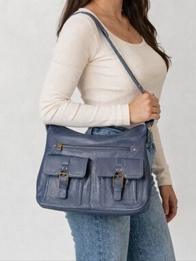 Stone & Co. Navy Blue Leather Crossbody Bag with Front Buckle Pockets